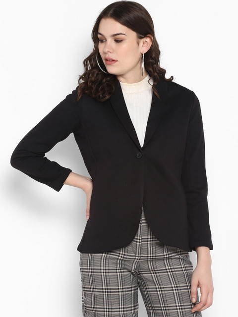 

The Vanca Women Black Solid Single-Breasted Pure Cotton Blazer