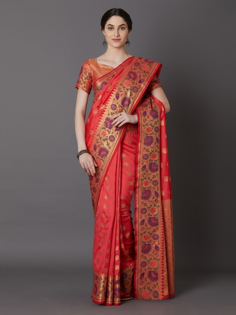 

Mitera Peach-Coloured & Orange Silk Blend Woven Design Banarasi Saree