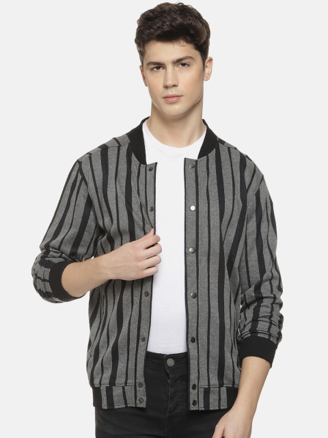 

Campus Sutra Men Grey and Black Striped Bomber Jacket