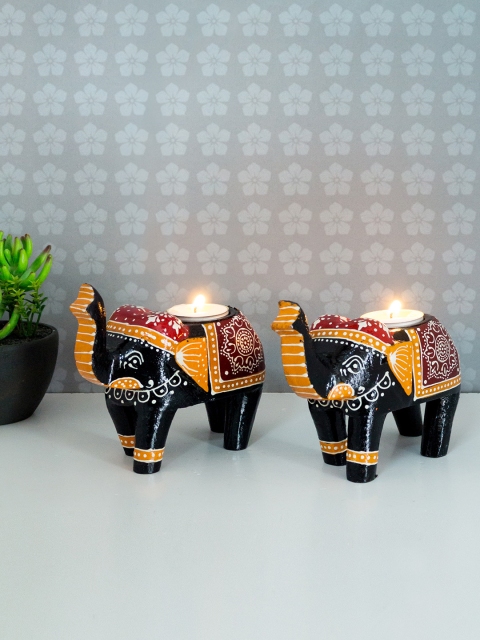 

Golden Peacock Set of 2 Black & Mustard Yellow Hand Painted Tealight Candle Holders