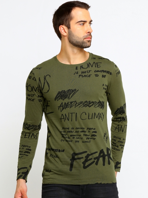 

Maniac Men Olive Green & Black Printed Round Neck T-shirt