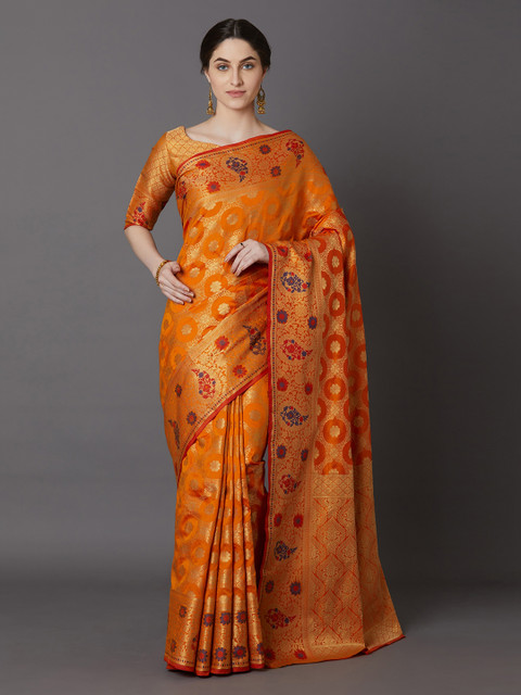 

Mitera Orange Silk Blend Woven Design Banarasi Saree