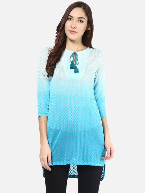 

109F Women Turquoise Blue Self Design Ombre Tunic