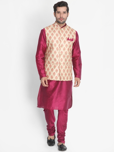 

VASTRAMAY Men Magenta & Beige Printed Kurta with Pyjamas & Nehru Jacket