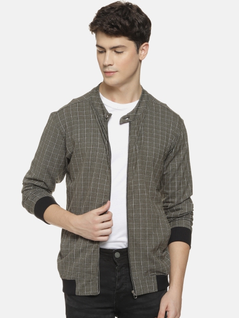 

Campus Sutra Men Taupe Checked Bomber Jacket
