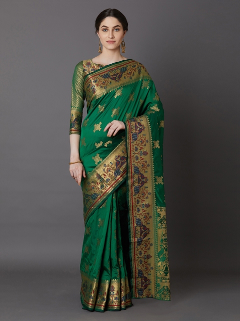 

Mitera Green & Gold-Coloured Silk Blend Woven Design Banarasi Saree