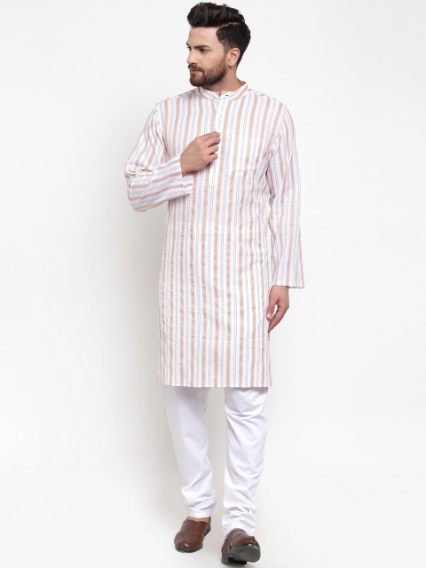 

NEUDIS Men White & Orange Striped Straight Kurta