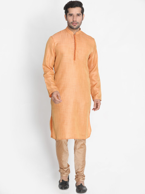 

VASTRAMAY Men Peach-Coloured & Rose Gold Woven Design Kurta with Pyjamas