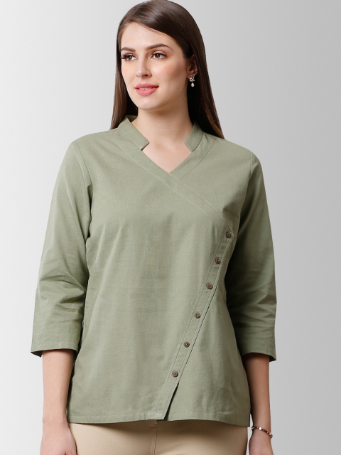 

FableStreet Women Olive Green Solid Wrap Top