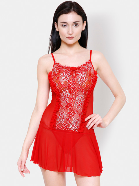 

Ms.Lingies Red & Off-White Self Design Baby Doll v