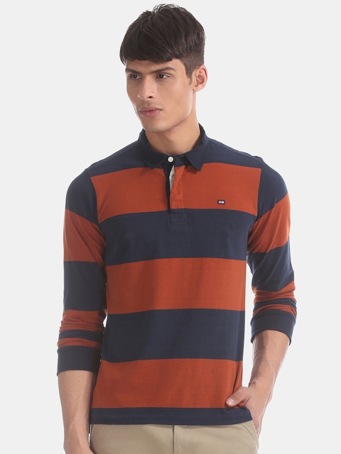

Arrow Sport Men Navy Blue And Orange Striped Polo Collar Pure Cotton T-shirt