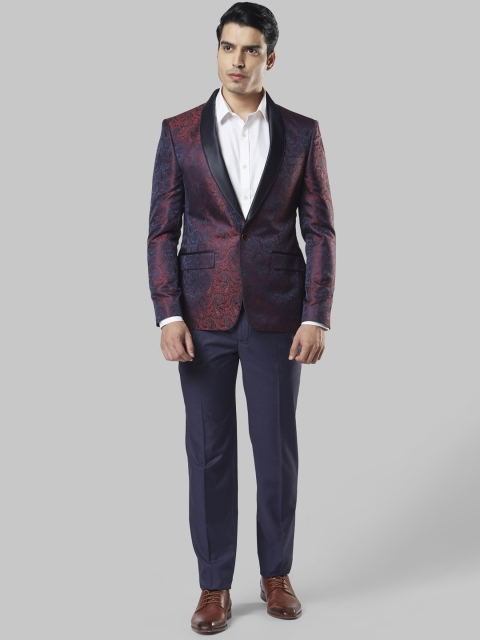 

Next Look Men Maroon & Navy Blue Self-Design Single-Breasted Tuxedo Suit