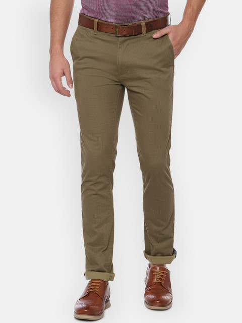 

V Dot Men Olive Green Slim Fit Self Design Regular Trousers