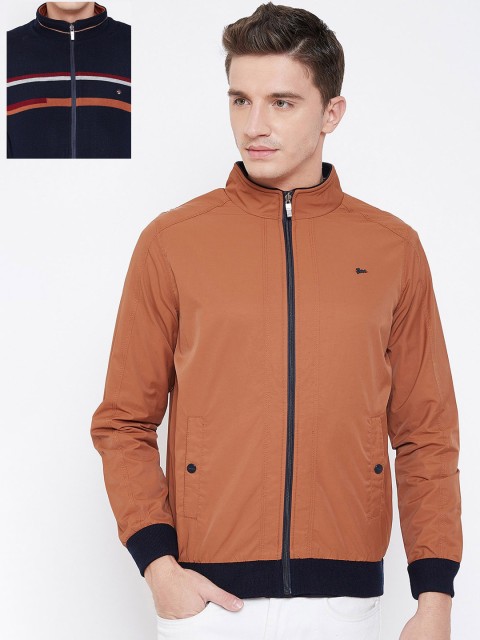 Okane Men Rust Brown & Navy Blue Solid Reversible Bomber Jacket