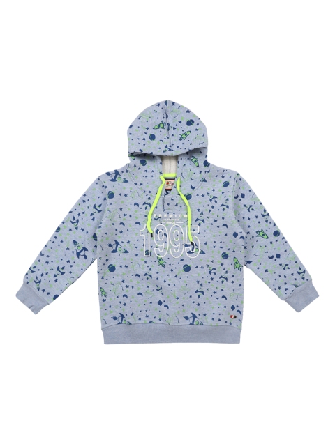 

Lil Tomatoes Boys Blue & Fluorescent Green Printed Hooded Sweatshirt