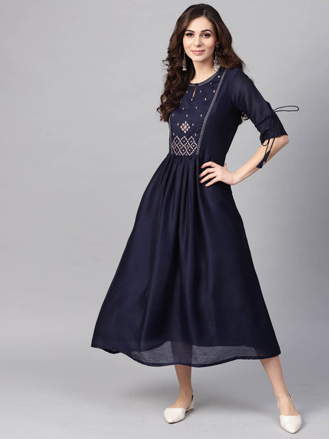 

Indo Era Women Blue Solid Fit and Flare Dress