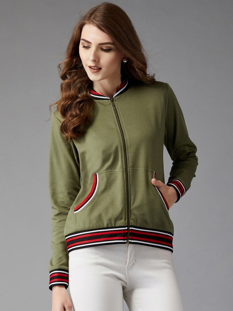 

DOLCE CRUDO Women Olive Green Striped Reversible Jacket