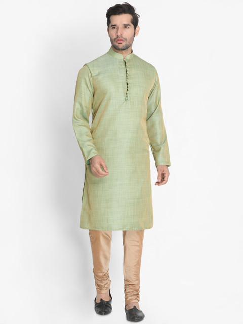 

VASTRAMAY Men Green & Rose Gold Woven Design Kurta with Pyjamas