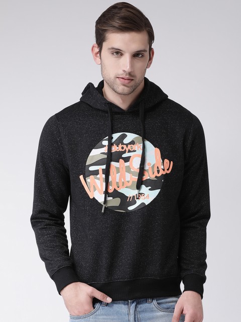 

Club York Men Black & Peach-Coloured Printed Fleece Hooded Sweatshirt