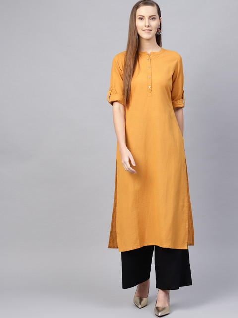 

Varanga Women Mustard Yellow Solid Straight Kurta