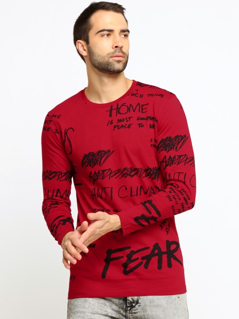 

Maniac Men Red Printed Round Neck Pure Cotton T-shirt