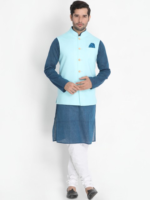 

VASTRAMAY Men Navy Blue & White Solid Kurta Set