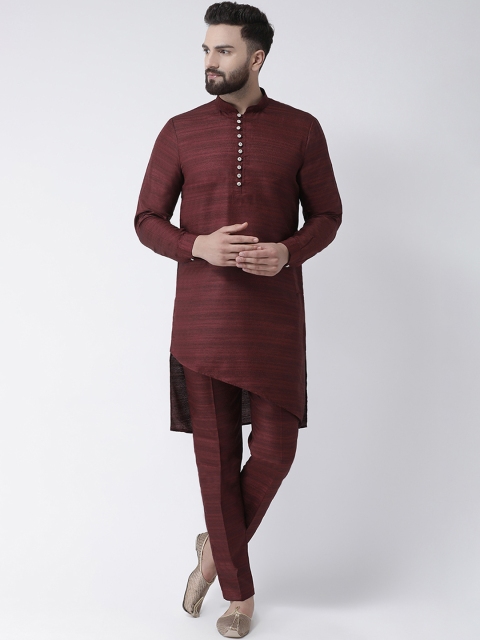 

I Know Men Maroon Solid Silk Straight Asymmetric Kurta