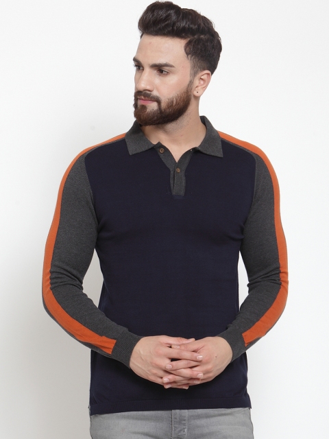 

Kalt Men Navy Blue Colourblocked Pullover Sweater