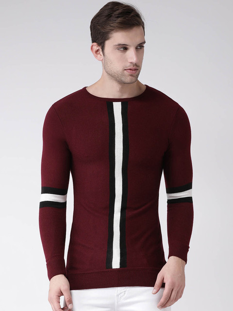

Club York Men Maroon Striped Pullover Sweater