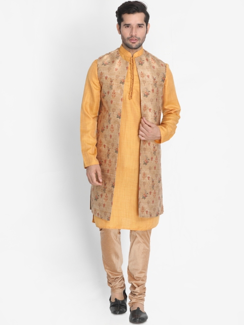 

VASTRAMAY Men Mustard Yellow & Brown Solid Kurta with Pyjamas