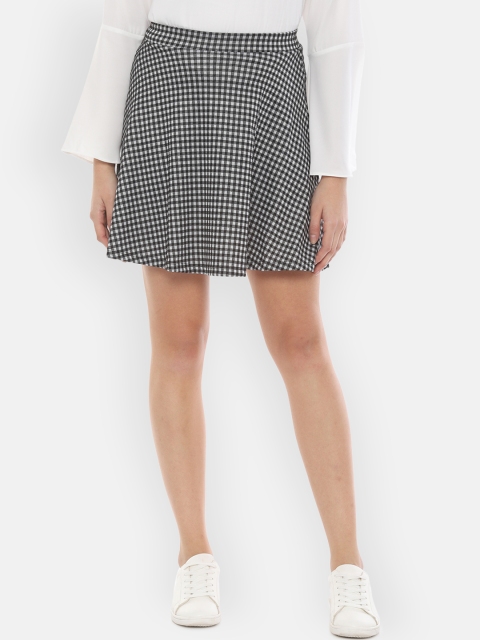 

People Women Grey & White Checkered High-Rise Flared Mini Skirt