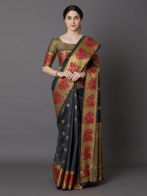 

Mitera Grey & Gold-Coloured Silk Blend Woven Design Banarasi Saree