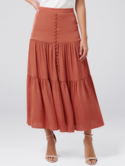 

Forever New Women Rust Brown Solid High-Rise Tiered Maxi Skirt