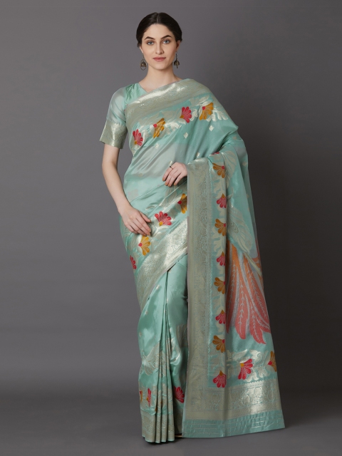 

Mitera Sea Green & Silver-Toned Silk Blend Woven Design Banarasi Saree