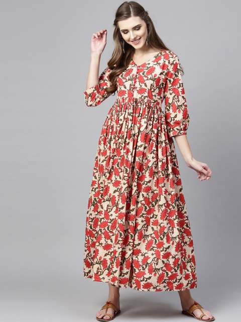 

Varanga Women Beige Printed Fit and Flare Dress