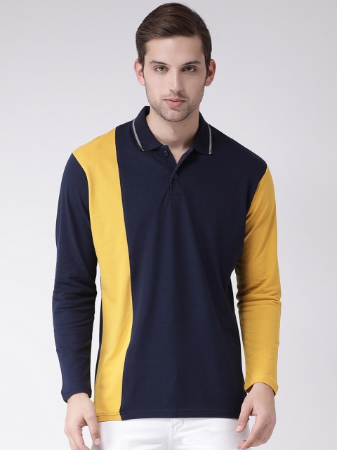 

GRIFFEL Men Navy Blue & Yellow Colourblocked Polo Collar T-shirt