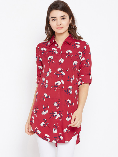 

AASK Women Red & White Printed Longline Casual Shirt