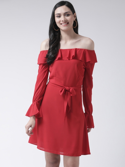 

Leo Sansini Women Red Solid Ruffle Fit and Flare Dress