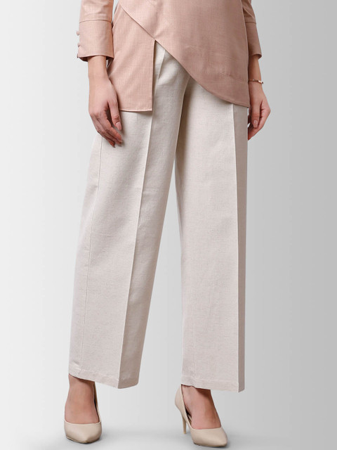 

FableStreet Women Cream-Coloured Flared Solid High Rise Parallel Trousers
