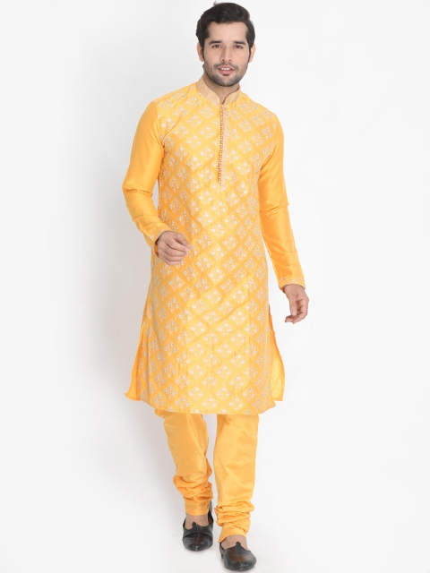 

VASTRAMAY Men Yellow Embroidered Kurta with Pyjamas