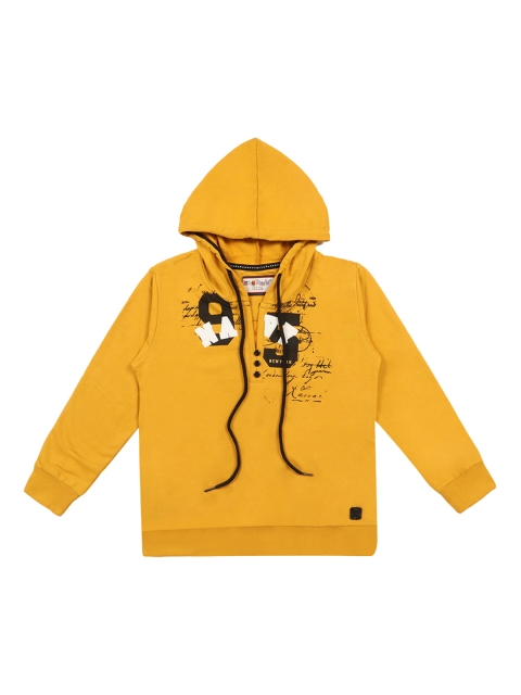 Lil Tomatoes Boys Mustard Yellow & Black Printed Hooded Sweatshirt