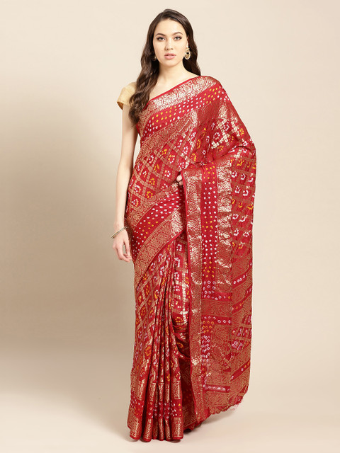 

Mitera Hand Dyed Red Bandhani Silk Gharchola Sustainable Saree
