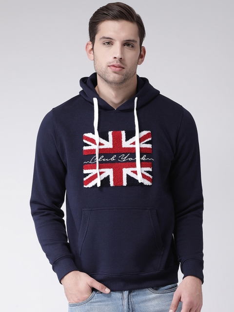 

Club York Men Navy Blue & White Embroidered Fleece Hooded Sweatshirt