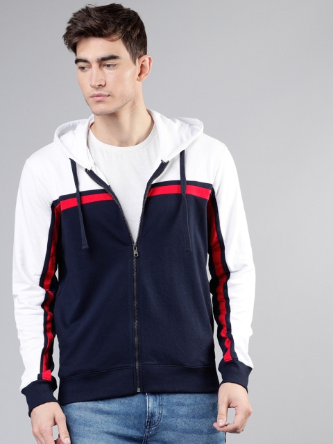 

HIGHLANDER Men White & Navy Blue Colourblocked Hooded Sweatshirt