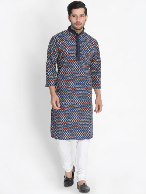 

VASTRAMAY Men Navy Blue & White Printed Kurta with Pyjamas