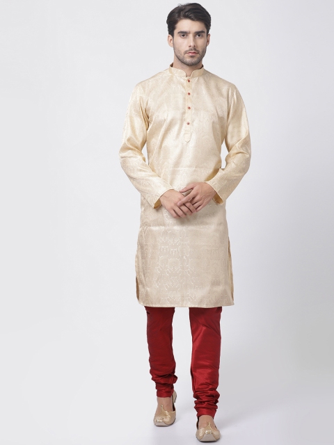 

VASTRAMAY Men Gold-Coloured & Maroon Self Design Kurta with Pyjamas