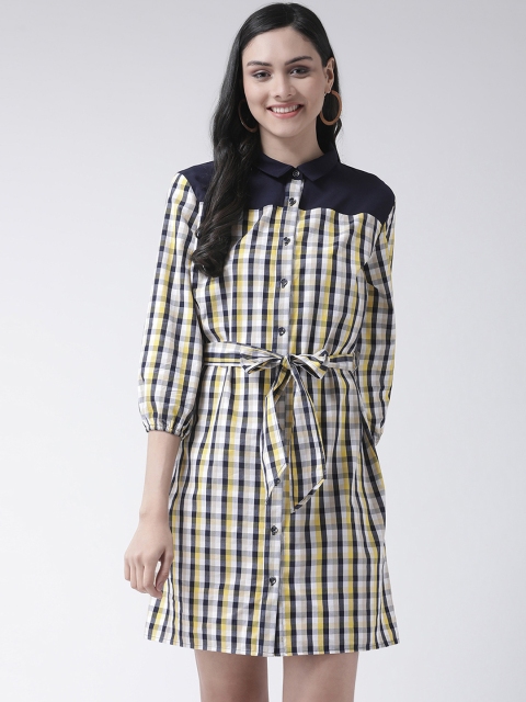 

Leo Sansini Women Navy Blue & Yellow Checked Shirt Dress