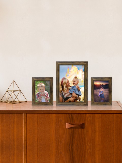

RANDOM Set of 3 Gold & Brown Table Top Photo Frames