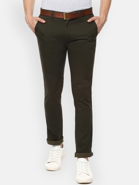 

V Dot Men Olive Green Slim Fit Self Design Regular Trousers