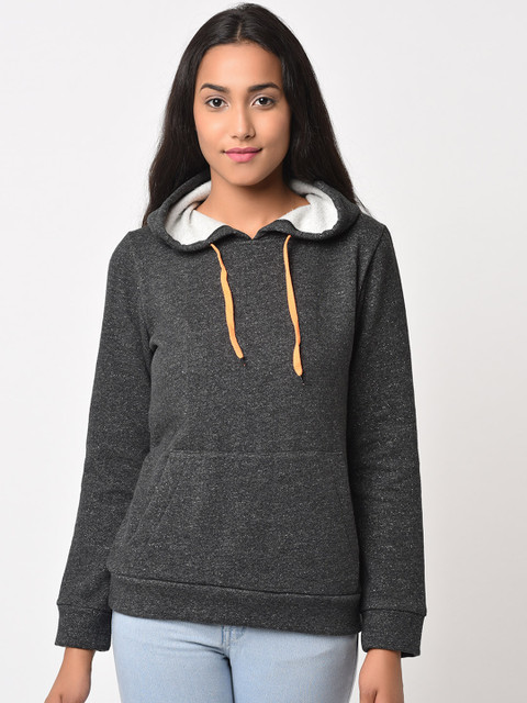 

Rigo Women Charcoal Grey Solid Fleece-Lined Hooded Sweatshirt